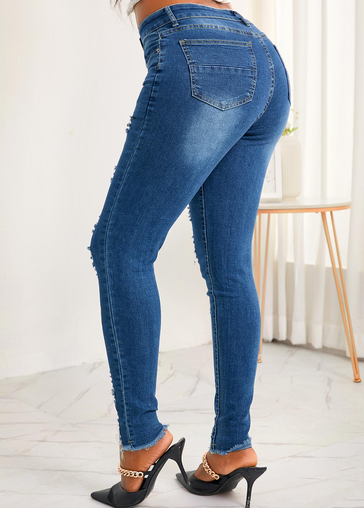 Blue Pocket Shredded Butterfly Print Jeans