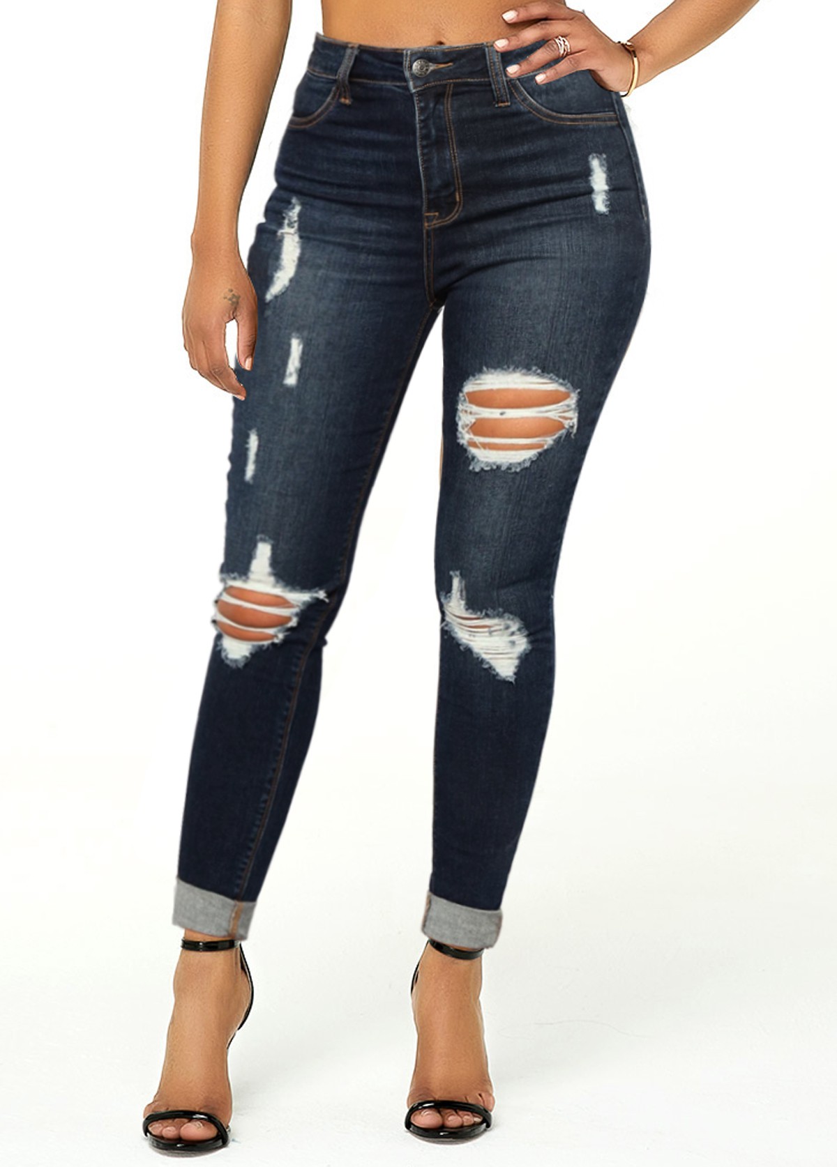 Shredded Denim Blue High Waisted Jeans