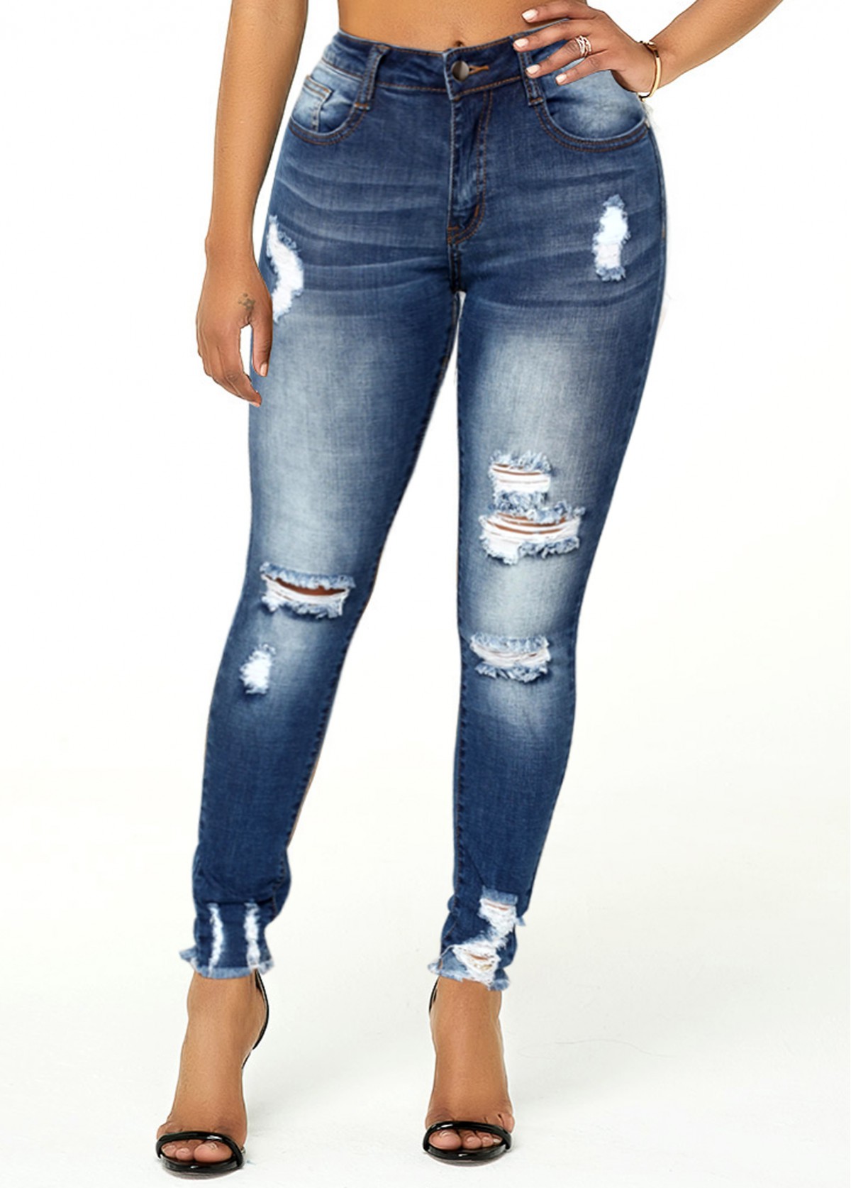 Acid Washed Frayed Hem Shredded Jeans
