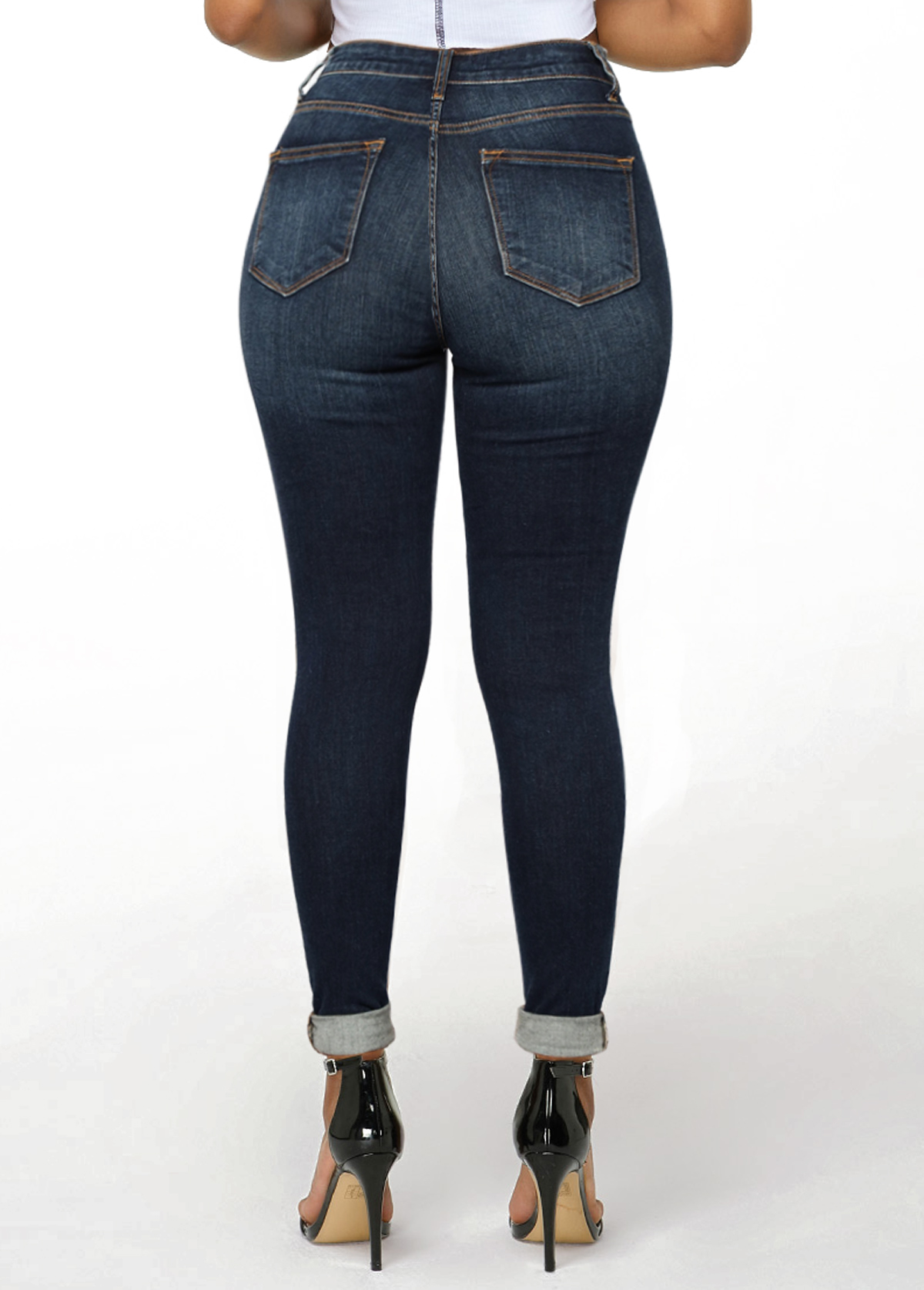 Shredded Denim Blue High Waisted Jeans