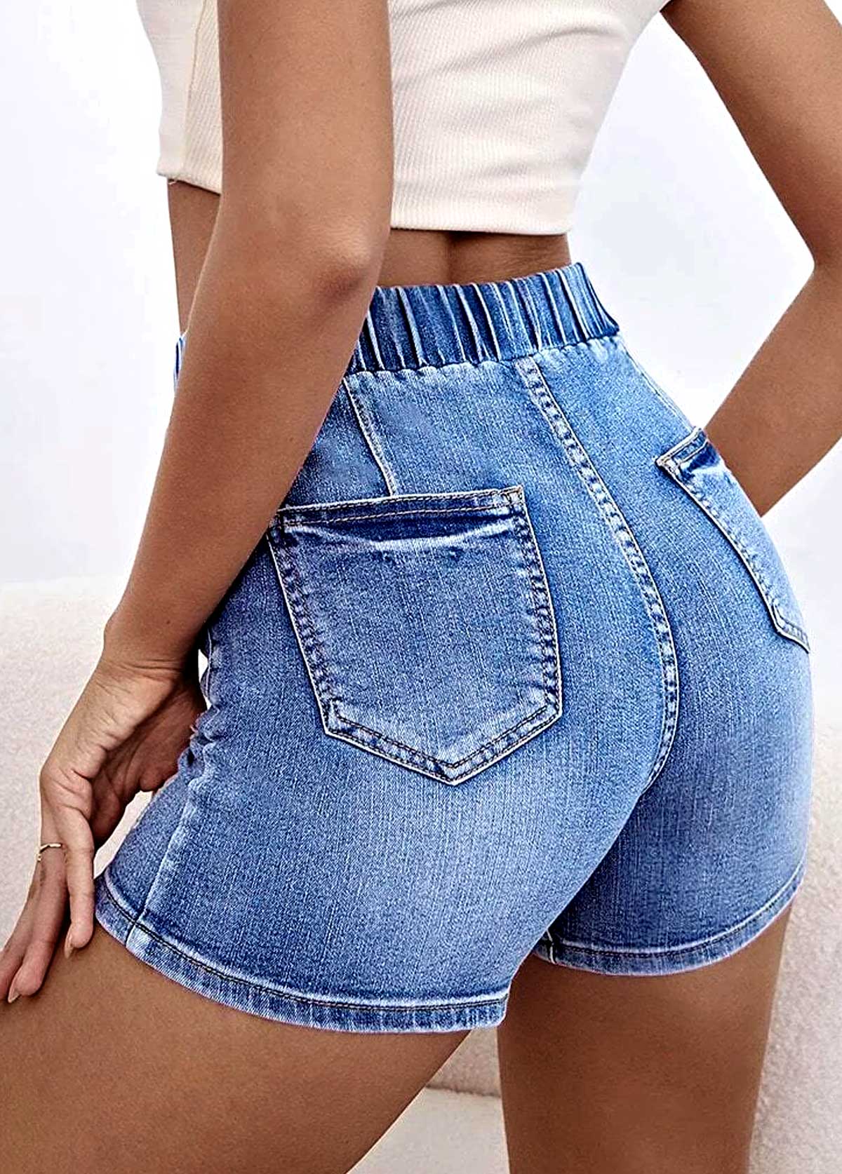 Denim Blue Pocket Drawstring Waist Shorts